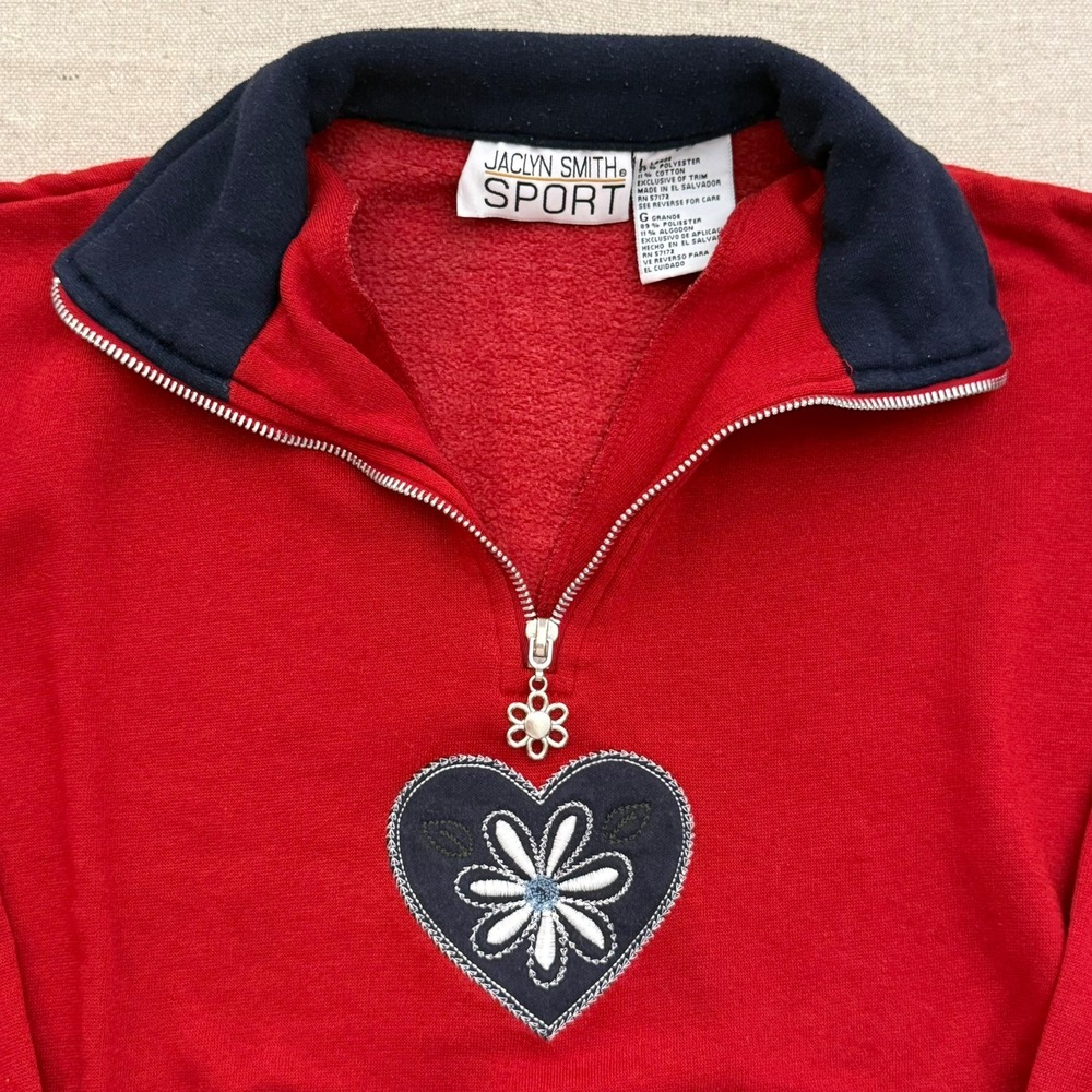 Jaclyn Smith Sport Red Quarter Zip Heart Flower Sweatshirt Womens Large Vintage